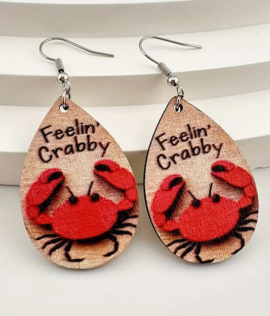 SEALIFE THEME TEARDROP WOOD EARRING - FEELING CRABBY-0