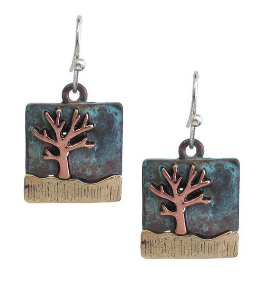 METAL SQUARE TREE OF LIFE EARRING-0